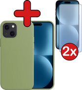 Hoesje Geschikt voor iPhone 15 Hoesje Siliconen Case Hoes Met 2x Screenprotector - Hoes Geschikt voor iPhone 15 Hoes Cover Case - Groen.