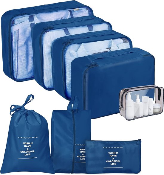Foto: Kofferorganizer pakkubussenset 8 delige reis organizer lichte kofferorganizer reistas paktassen rugzak voor kleding schoenen ondergoed cosmetica marineblauw