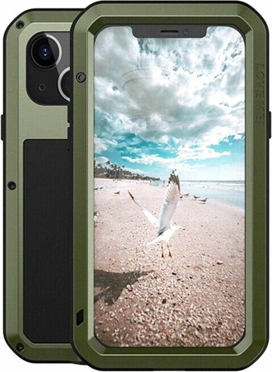 iPhone 13 Mini Hoes - Love Mei - Metalen Extreme Protection Case - Groen - GSM Hoes - Telefoonhoes Geschikt Voor Apple iPhone 13 Mini