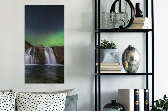 Tableau sur Toile Aurores Boréales - Cascade - Islande - 40x80 cm - Décoration murale