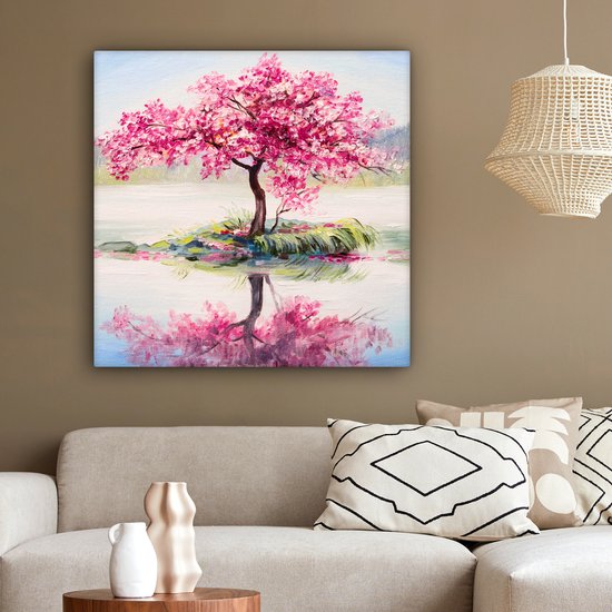 Toile - Arbre fleuri - Sakura - Peinture à l'huile - Water - Nature - 90x90 cm - Peintures sur toile - Toile canvas - Décoration murale