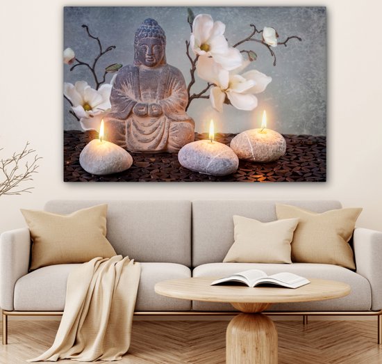 Peintures sur toile Bouddha - Bougies - Grijs - 120x80 cm - Décoration murale