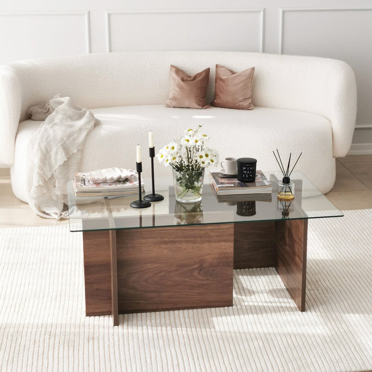 Skye Decor Koffietafel - Walnoot Afwerking - Gehard Glas - Afmetingen 105x65x40cm - Stijlvol Tafeltje voor elke Woonkamer