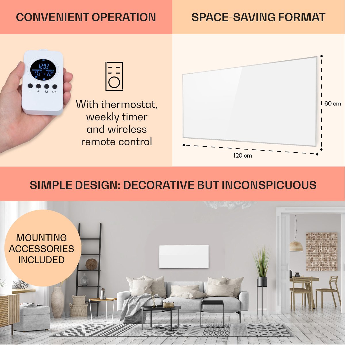 Klarstein infraroodverwarming met thermostaat, 720 watt elektrische verwarming, infraroodverwarming voor wandmontage, IR-paneel met afstandsbediening en timer, elektrische platte radiator, CO2-vrije wandverwarming – foto 3