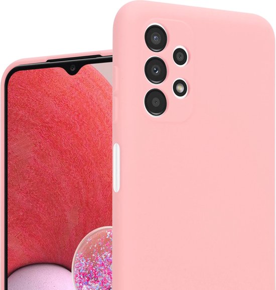 Roze ShieldCase hoesje voor Samsung A13, naast een telefoon met een roze scherm.