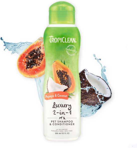 TropiClean Papaya & Coconut Luxury 2-in-1 Hondenshampoo en Conditioner, fles van 355 ml met groene dop. Omringd door papaya, kokosnoot en waterplons.