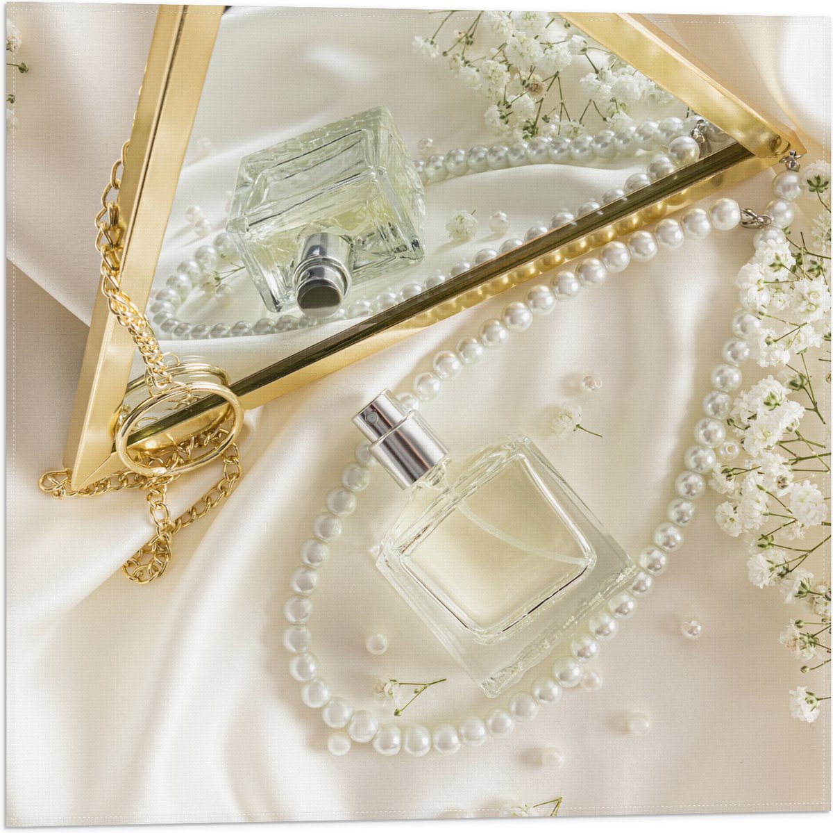 Vlag - Spiegel - Parfum - Ketting - Bloemen - 50x50 cm Foto op Polyester Vlag
