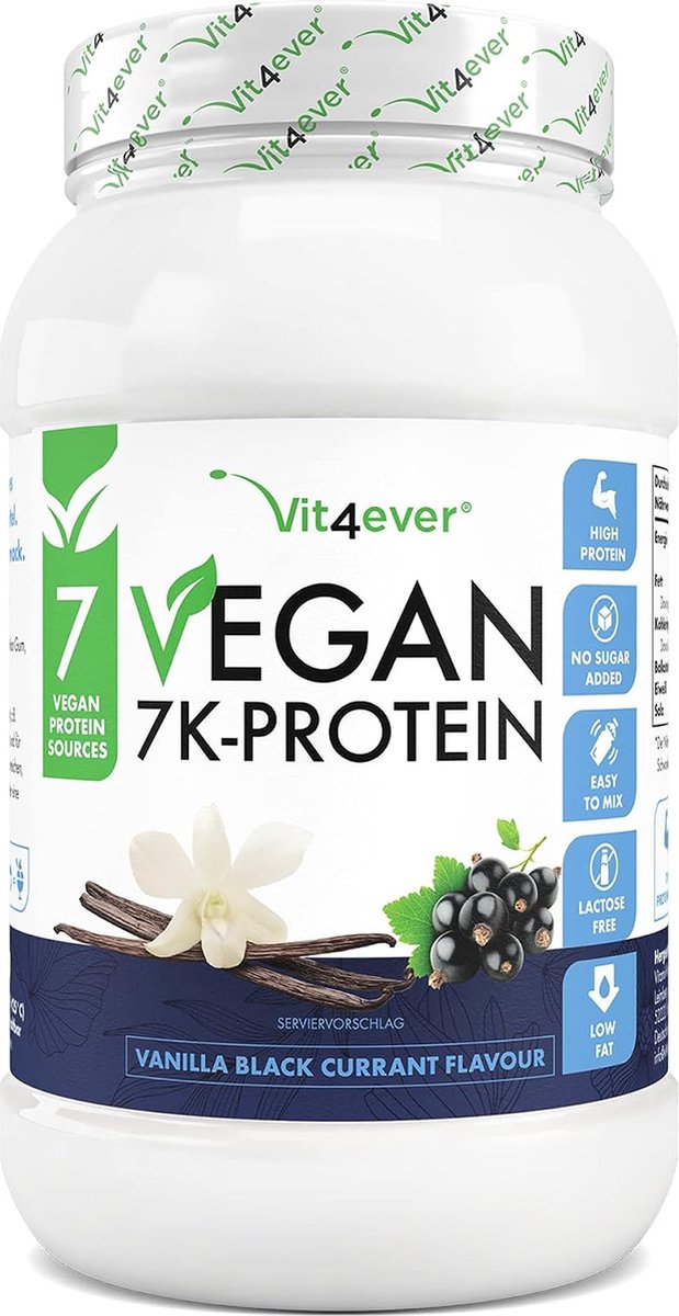 Vit4ever - Vegan 7K Protein - 1kg - Vanilla & Zwartebes smaak - Zuiver plantaardig proteïnepoeder met rijst-, amandel-, soja-, erwten-, hennep-, cranberry- en zonnebloemproteïnen
