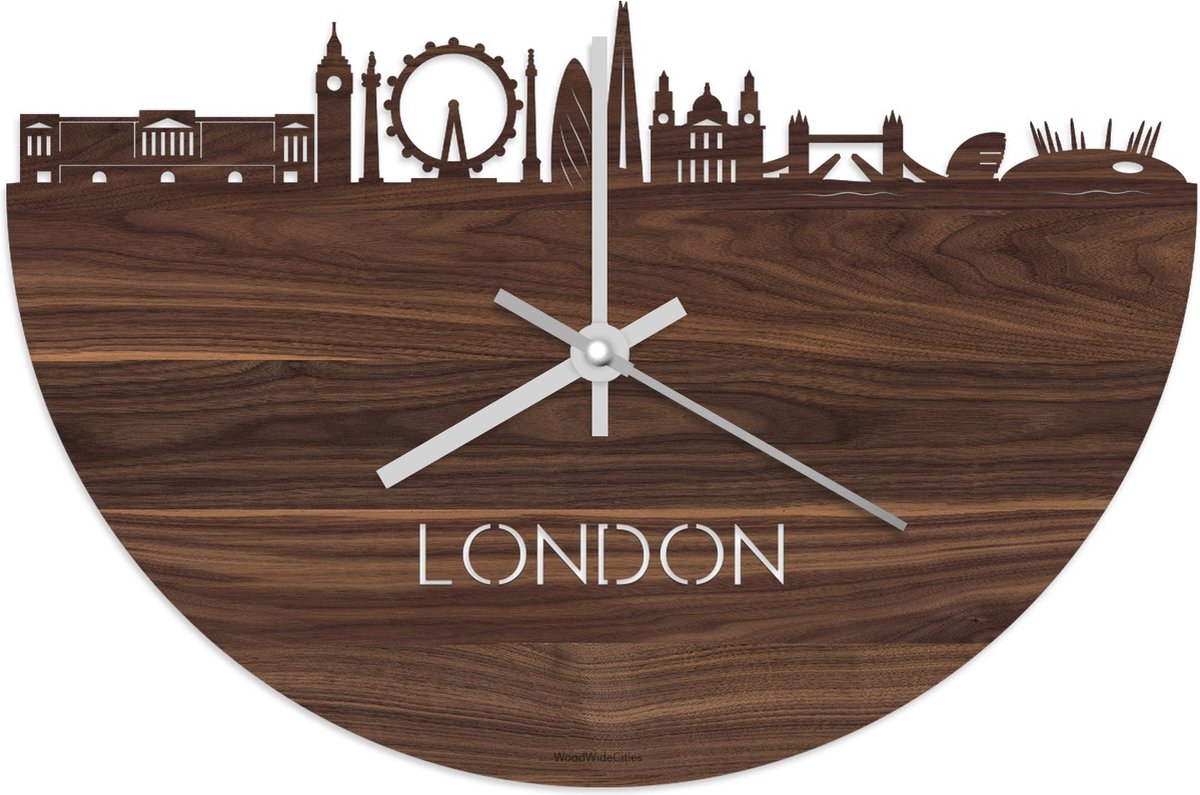 Skyline Klok London Notenhout - Ø 40 cm - Stil uurwerk - Wanddecoratie - Meer steden beschikbaar - Woonkamer idee - Woondecoratie - City Art - Steden kunst - Cadeau voor hem - Cadeau voor haar - Jubileum - Trouwerij - Housewarming - WoodWideCities