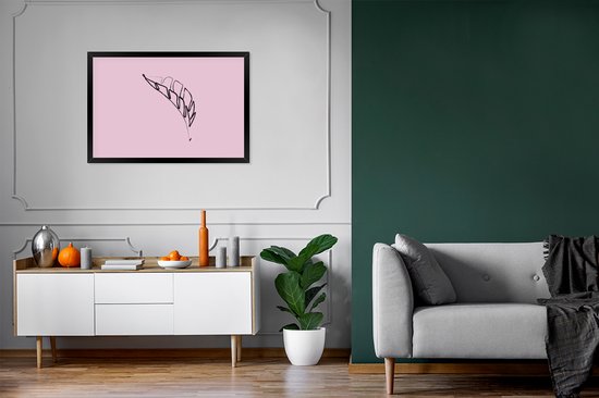 Photo en cadre - Feuille de dessin au trait botanique sur fond rose Cadre photo noir sans passe-partout 120x80 cm - Affiche sous cadre (Décoration murale salon / chambre)