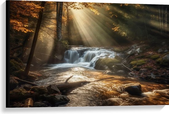 Canvas - Bossen - Waterval - Water - Bomen - Stenen - 90x60 cm Foto op Canvas Schilderij (Wanddecoratie op Canvas)