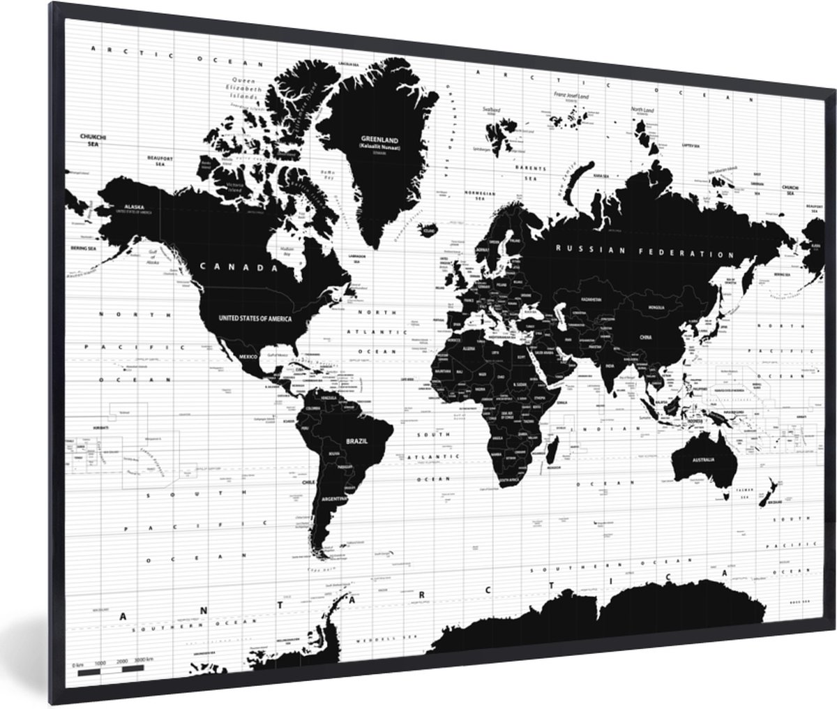 Poster in lijst - Fotolijst 60x40 cm - Posters - Wereldkaart - Zwart - Wit - Atlas - Aarde - Educatief - Posterlijst zwart - Decoratie - Wanddecoratie woonkamer - Muurdecoratie slaapkamer