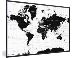 Poster in lijst - Fotolijst 60x40 cm - Posters - Wereldkaart - Zwart - Wit - Atlas - Aarde - Educatief - Posterlijst zwart - Decoratie - Wanddecoratie woonkamer - Muurdecoratie slaapkamer