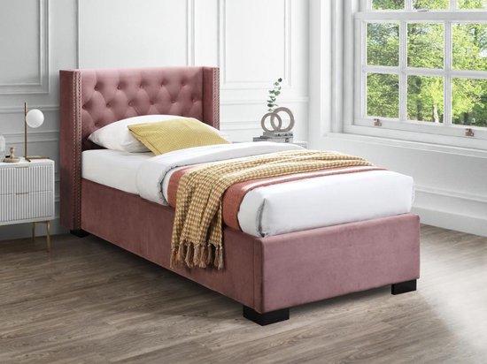 Bed met opbergruimte – 90 x 200 cm – Met gecapitonneerd hoofdbord – Fluweel – Roze – Met matras – MASSIMO L 214.5 cm x H 111 cm x D 107.5 cm