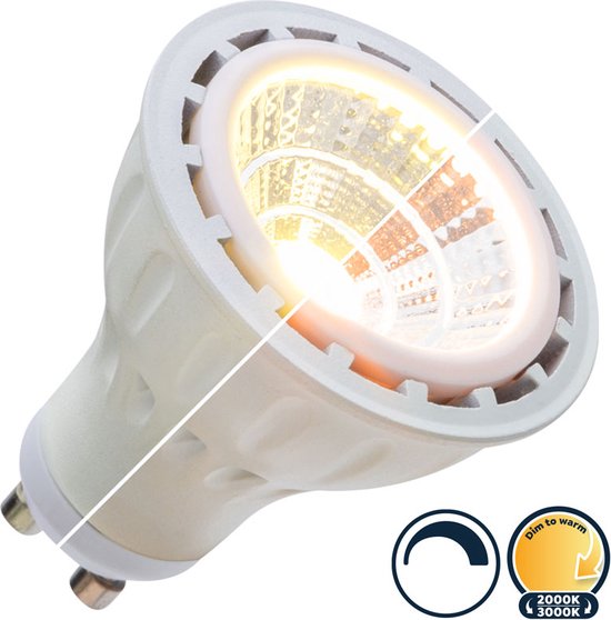 Spot LED GU10 5 Watt, dimmable, 5W remplace 50W, tamiser pour réchauffer (3000K-2000K), 335 lumens, technologie COB, 230V, diamètre Ø50mm