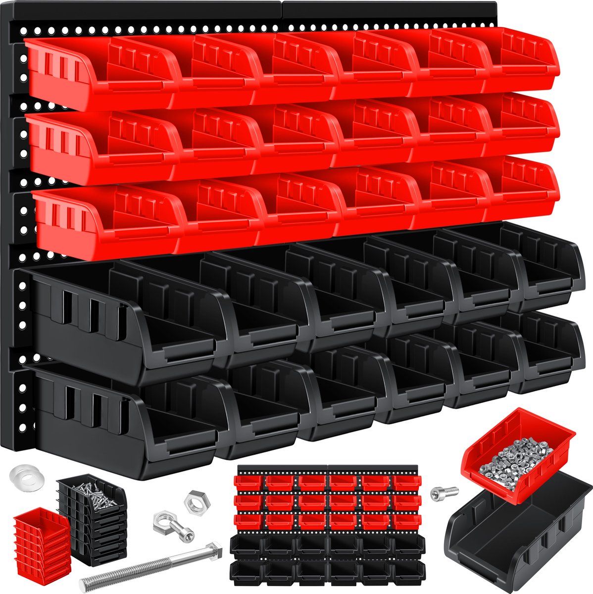 Masko® wandrek - stapelbak - gereedschapshouder Stapeldozen Muurplank 32tlg Doos Display Opbergdozen Bulkplank Boltless plank - Zwart / Rood