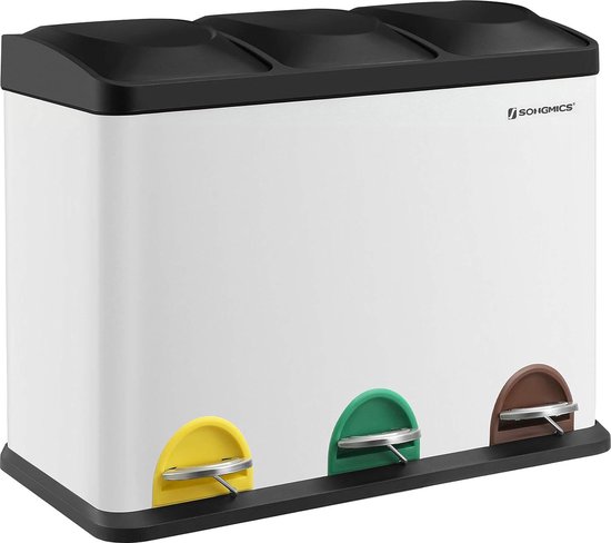 Hoppa! | Afvalbak voor de keuken | 45 liter | Roestvrij Staal – 3 x 15 liter | Wit-Zwart