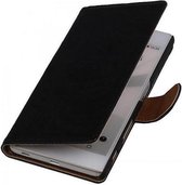 Washed Leer Bookstyle Wallet Case Hoesjes voor HTC One E8 Zwart