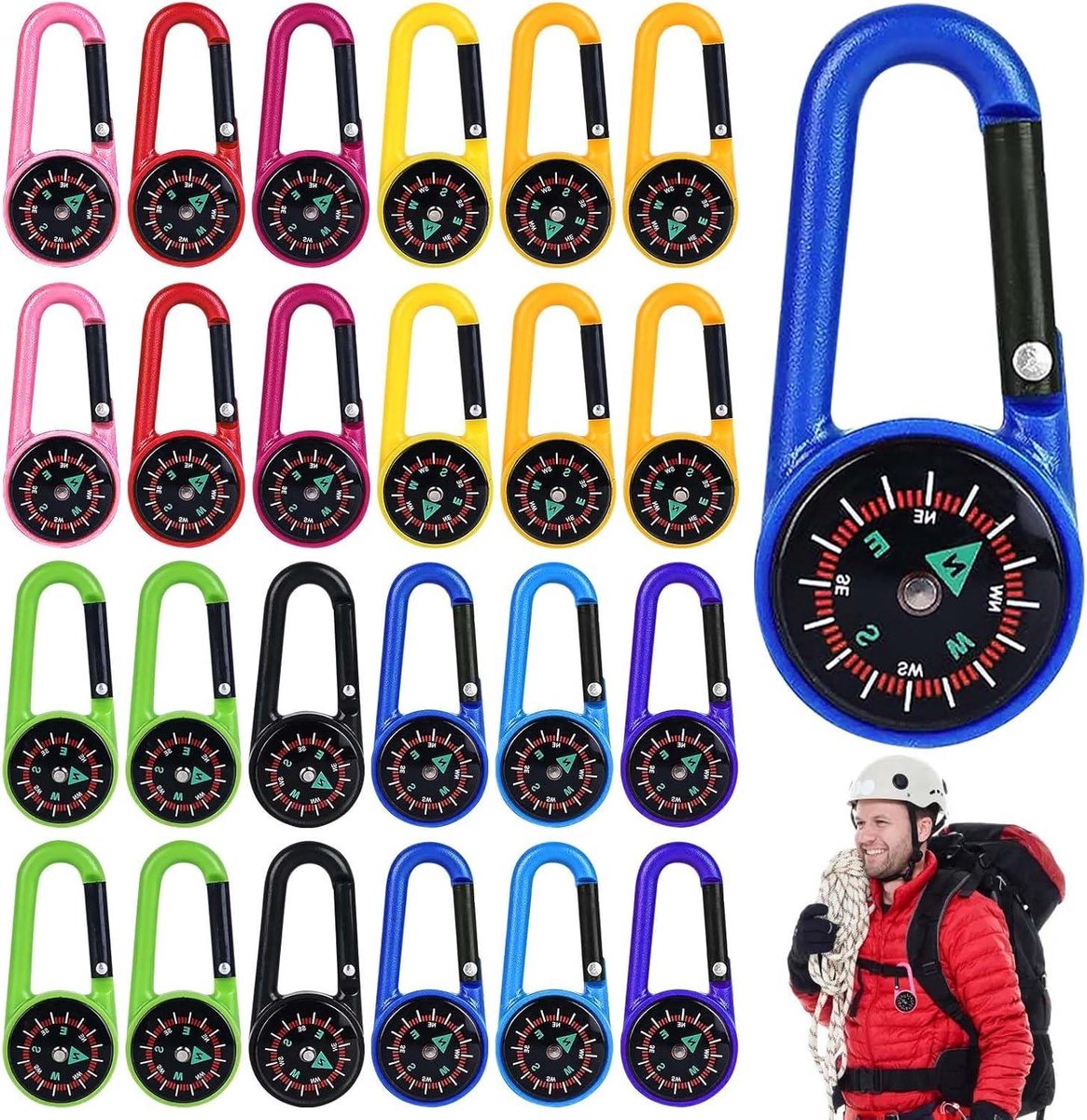 24 Stuks Mini-Kompas met Karabijnhaak - Wegwijzer Sleutelhouder voor Outdoor Reizen, Wandelen en Kamperen