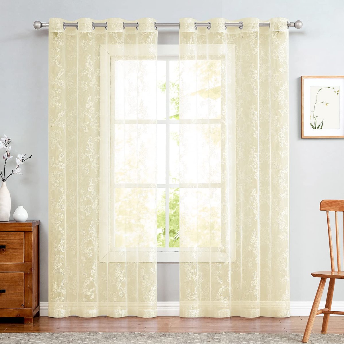 Ibenzoa Elegant en Transparant Kanten Gordijnen Set voor Stijlvolle Interieurs – 140 x 245 cm, Beige, 2 Stuks