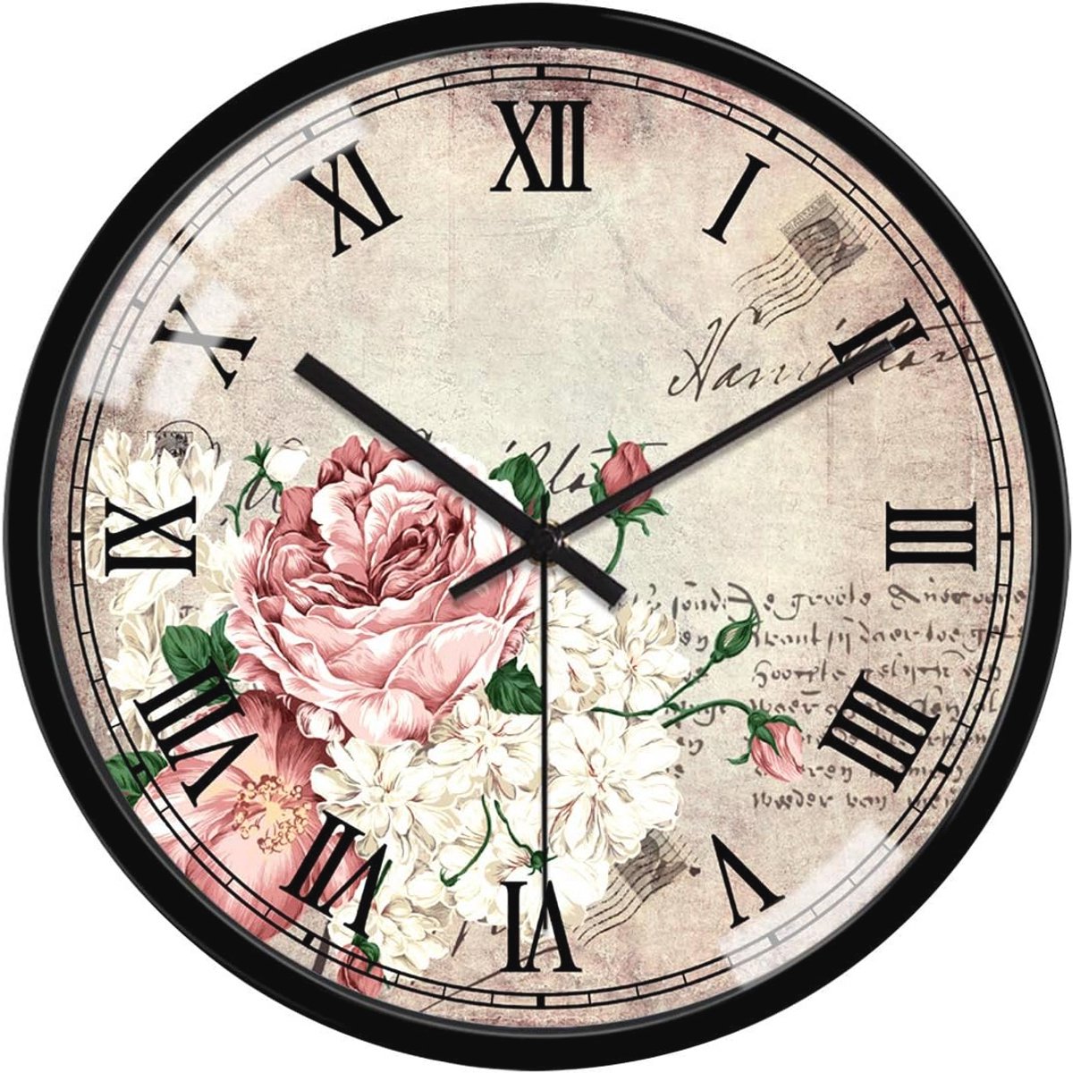 Vintage Wandklok 30.5 cm - Stil en Niet-Tikkend - Bloem Design - Glazen Wanddecoratie