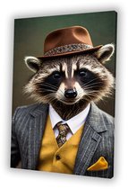 Stijlvolle wasbeer met hoed - Wasbeer schilderijen canvas - Wanddecoratie canvas hoed - Surrealisme - Landelijke schilderijen - Schilderijen & posters - canvas 100x150 cm