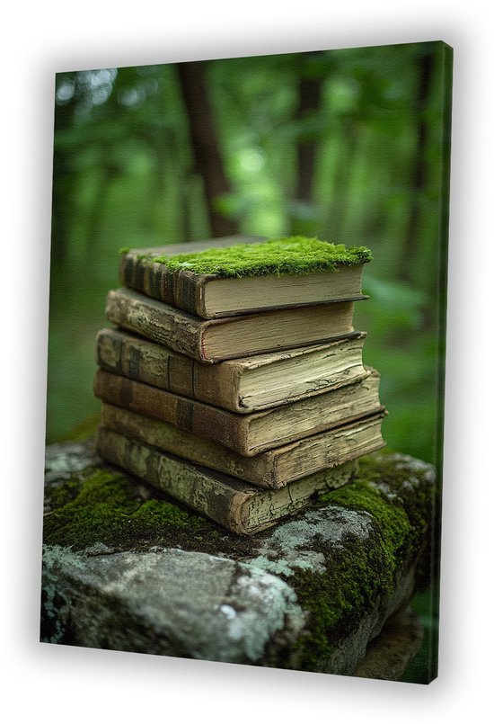 Verweerde boeken bedekt met mos - Boeken portret - Wandkunst objecten - Realistische kunst - Landelijke schilderijen - Slaapkamer wanddecoratie - canvas 40x60 cm