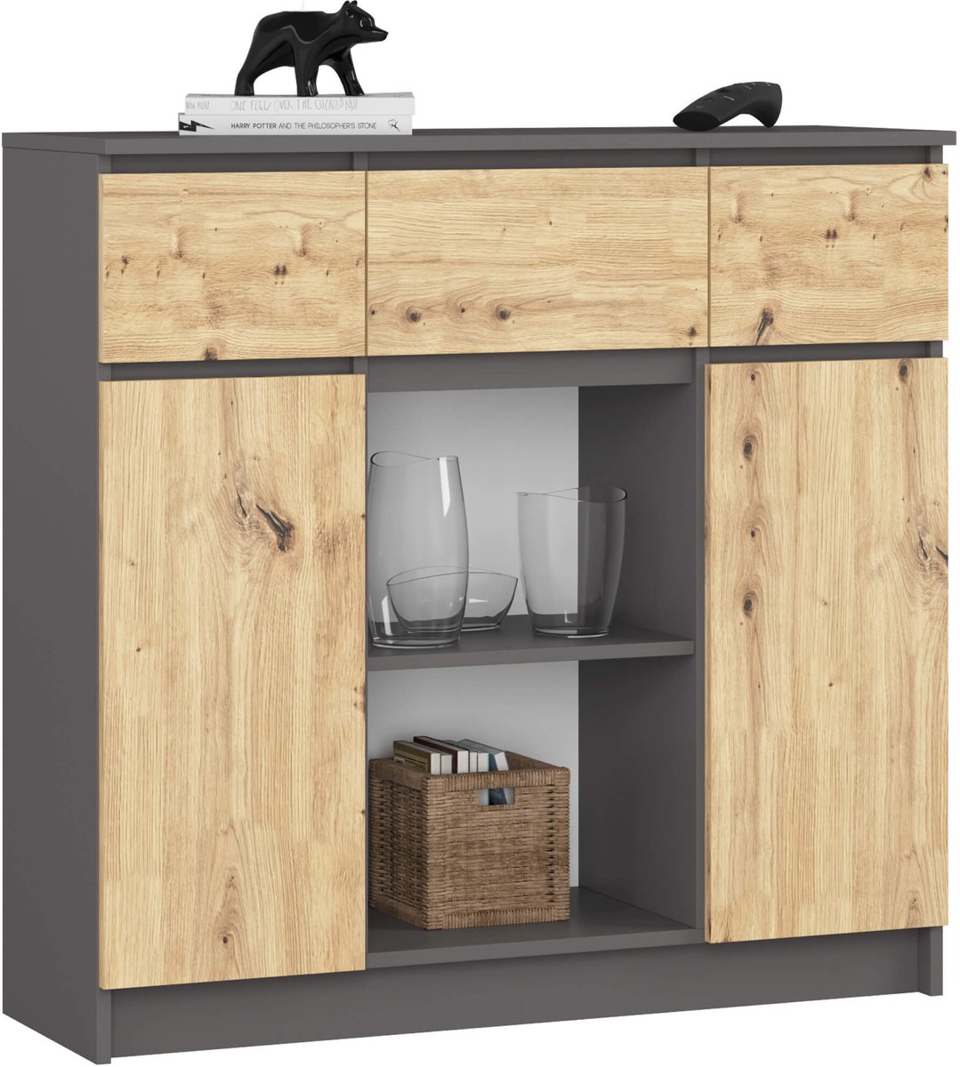 Ladekast K100 met 3 Lades, 2 Deuren en 1 Plank / AKORD Furniture Factory / Grafietgrijs - Artisan Eik / 101 x 98 x 35 cm