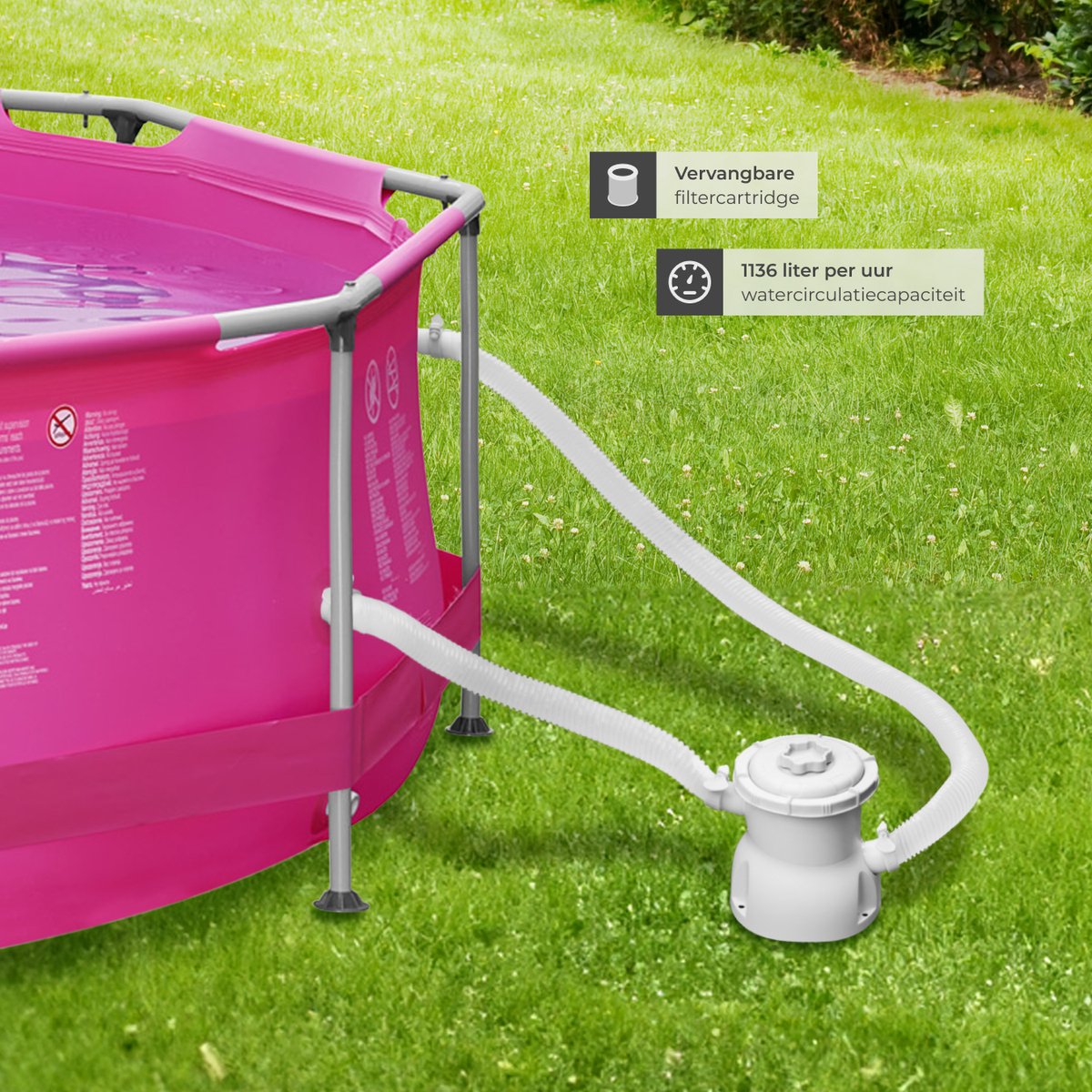 tectake Zwembad rond met stalen frame en filterpomp 360 x 76 cm, Roze | Leen Bakker