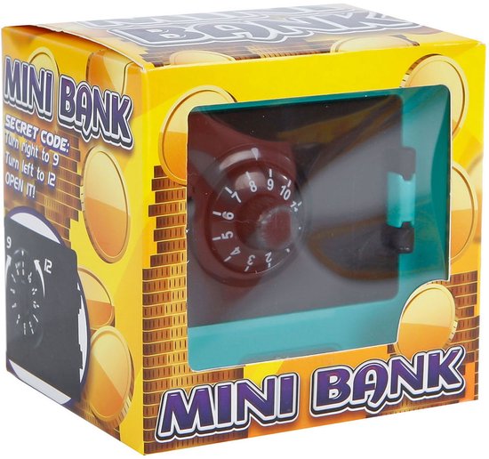 Emballage d'un mini coffre-fort turquoise avec une serrure à combinaison rouge, orné de pièces d'or et du texte 'MINI BANK'.
