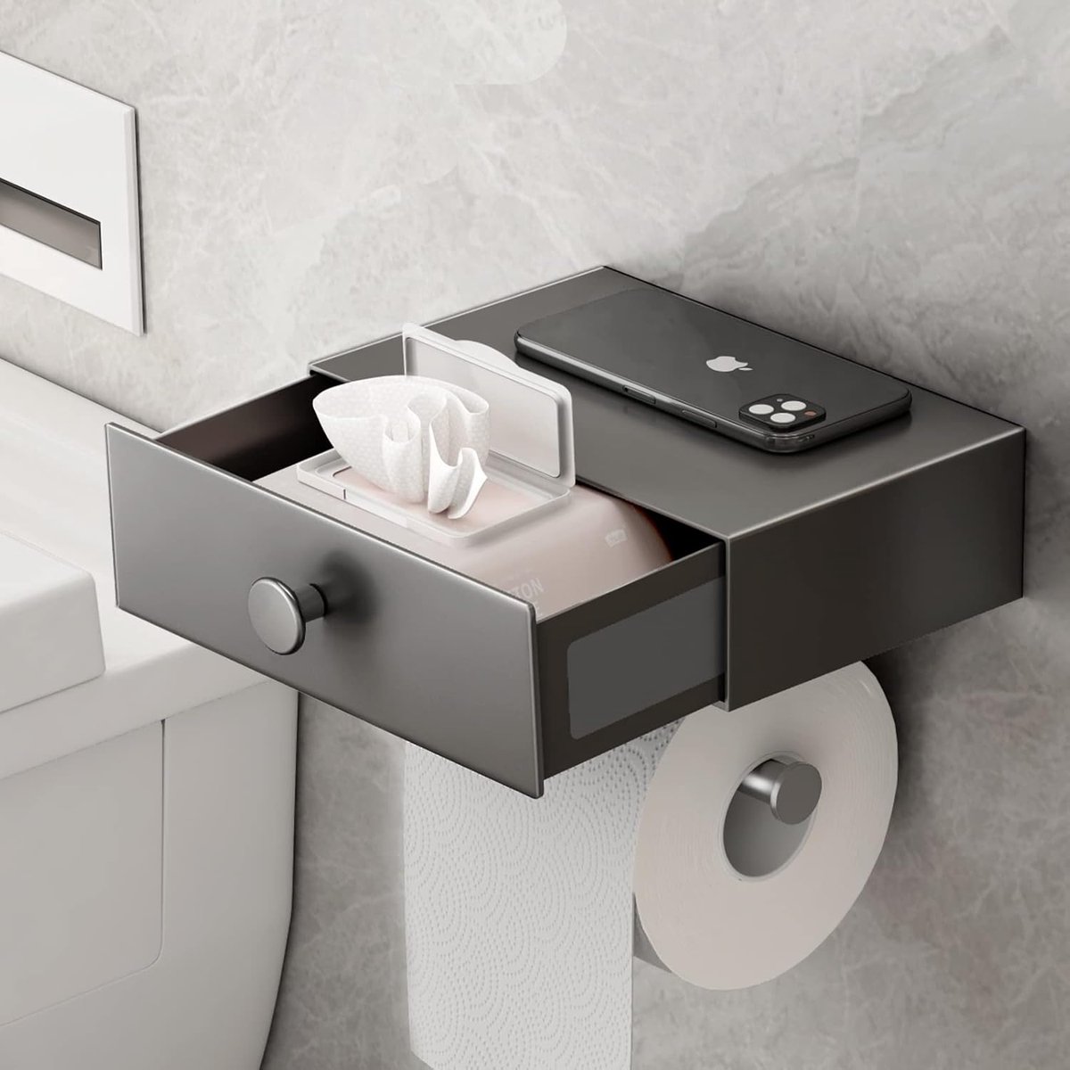 Toiletrolhouder met Plank en Lade-opslag - Zelfklevende Toiletdoekjesdispenser voor Wandmontage