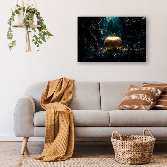 Œuvre d'art mystique pomme dorée - Toile Goud - Pomme sur toile - Hyperréalisme - Peintures champêtres - Accessoires de bureau - Toile 150x100 cm