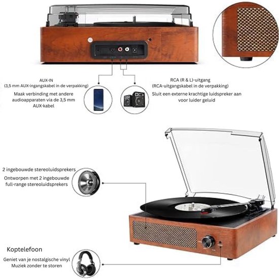 Platenspeler Bluetooth - CD Speler met Speakers - Vintage - Bruin — afbeelding 5