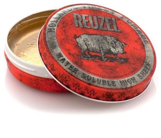 Open rood Reuzel pomadeblik, "HOLLANDS FINEST POMADE REUZEL", met een varken erop.