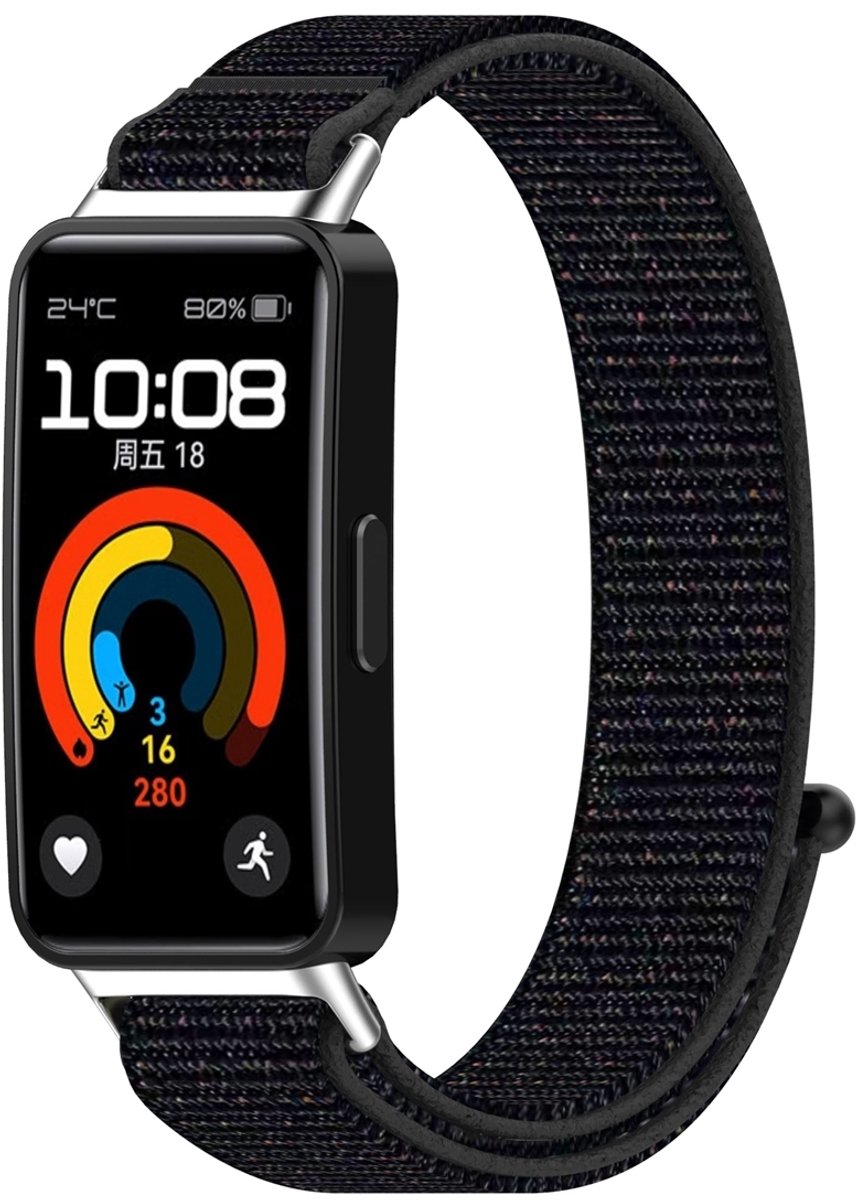 By Qubix - Sport loop nylon bandje - Zwart gemêleerd - geschikt voor Huawei Band 10 / 9 / 8