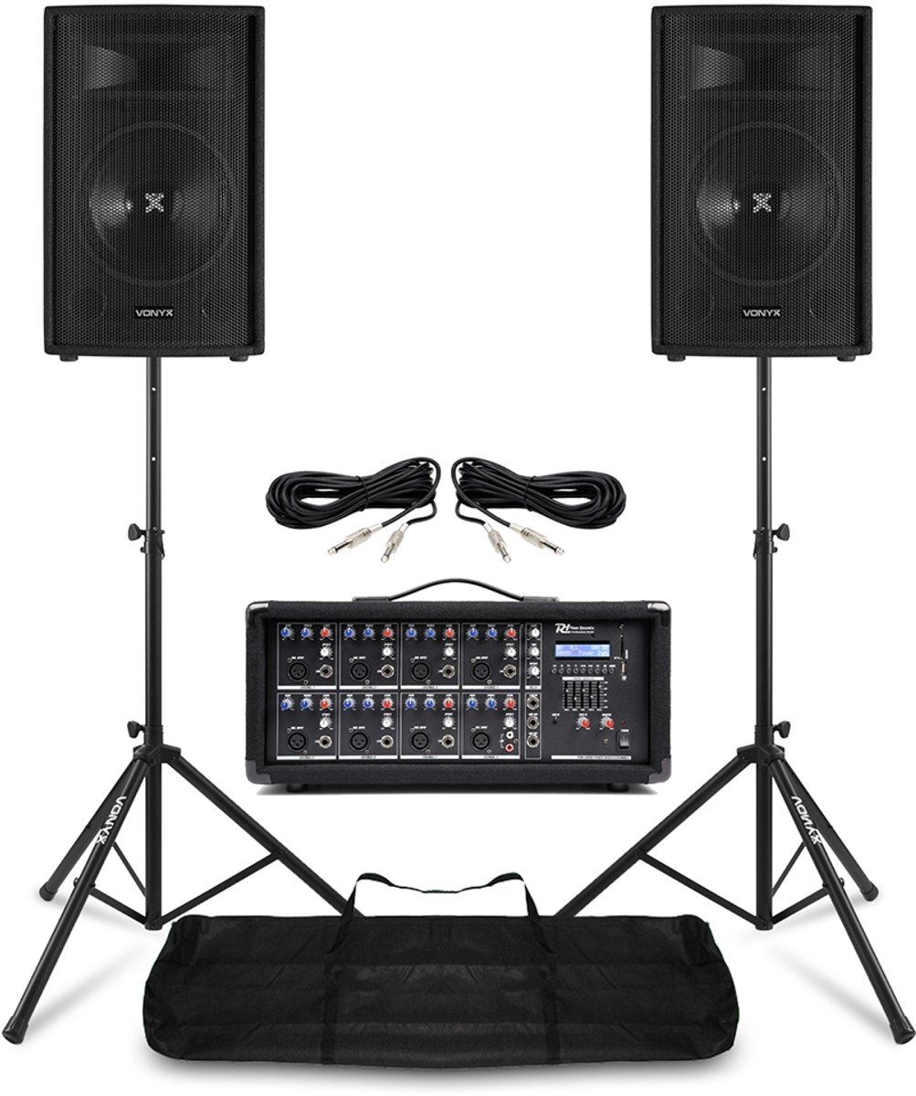 Vonyx PA system - Complete geluidsinstallatie met PA speakers, 8 kanaals mixer en statieven - 800W