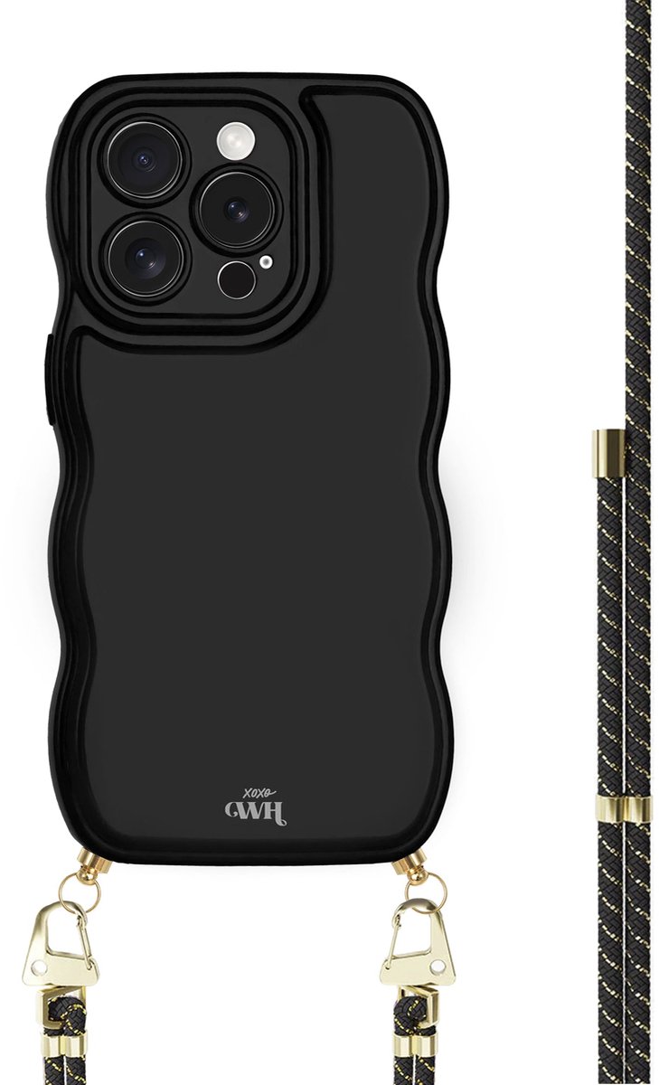 xoxo Wildhearts Glossy Wavy Cord Case Black - Gold Goddess - geschikt voor iPhone 14 Pro - hoesje met koord - telefoonkoord met gouden details - golvend hoesje - silicone case - schokbestendig - zwart