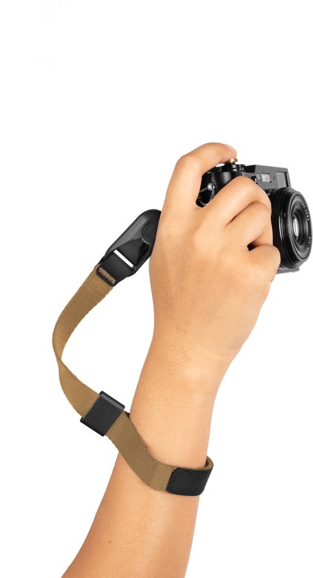 Hand houdt een camera vast met een bruine polsband.