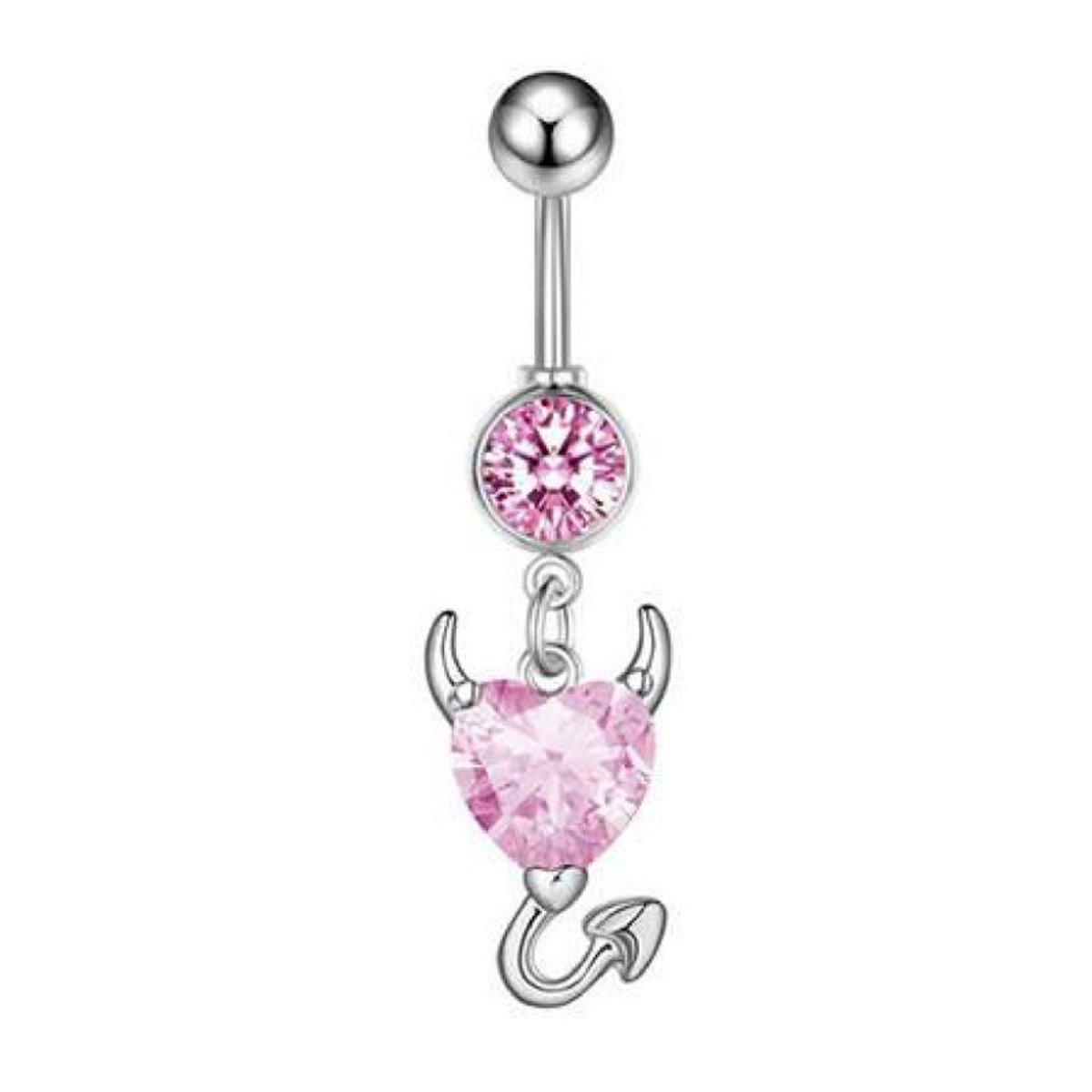 Navel Piercing | Duiveltje | Zilverkleurig Met Roze Steentjes