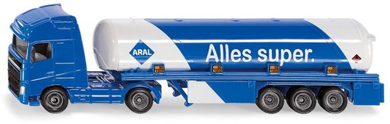 Blauwe tankwagen met witte tank. Tekst 'Aral' en 'Alles super.' op de tank.