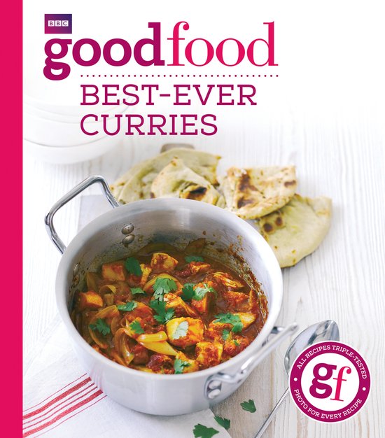 Kookboek "good food BEST-EVER CURRIES" met een kom curry en naanbrood.