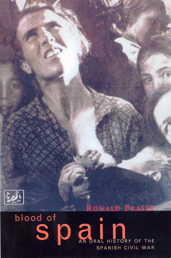 Boekomslag van 'Blood of Spain' met een man met een patroon overhemd, met op de achtergrond close-ups van gezichten.