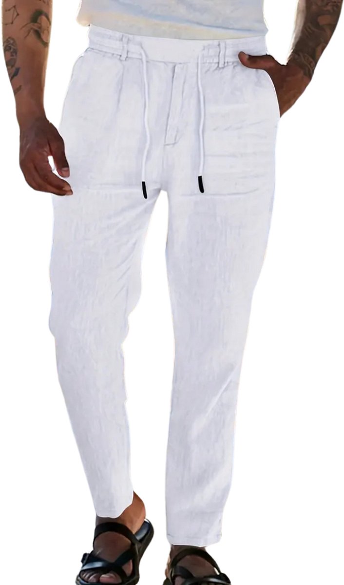 Livano Linnen Broek Heren Zomerbroek Volwassenen Lange Broek Pantalon Strandbroek Zomer Ibiza Stijl Wit