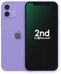 Paarse iPhone 12 Mini met groen scherm en groene bladeren.