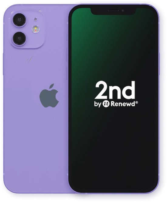 Paarse iPhone 12 Mini met groen scherm en groene bladeren.