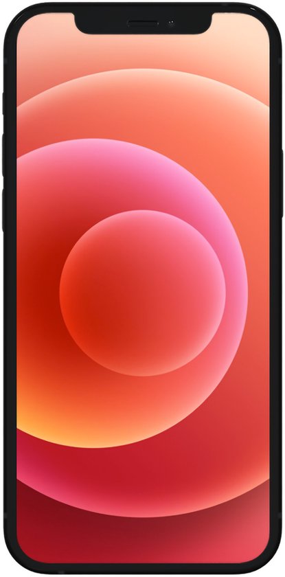 Voorkant van een paarse iPhone 12 met een rood-oranje cirkelvormig behang.