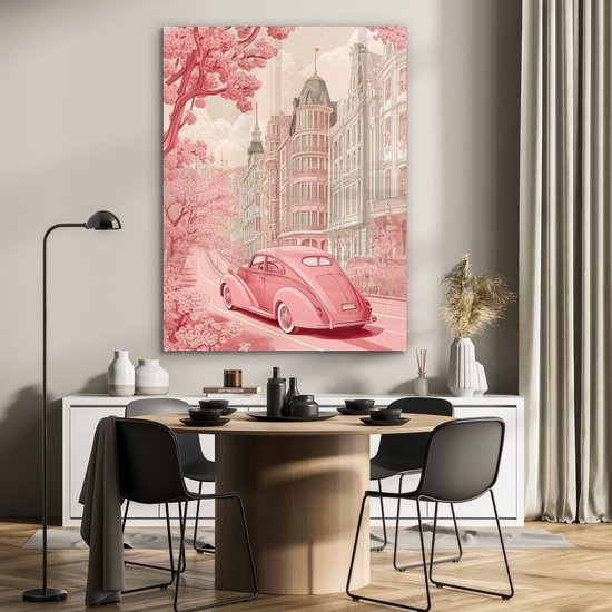 MuchoWow® Glasschilderij 90x120 cm - Schilderij acrylglas - City - Car - Pink - Foto op glas - Muurdecoratie woonkamer - Wanddecoratie slaapkamer - Schilderijen