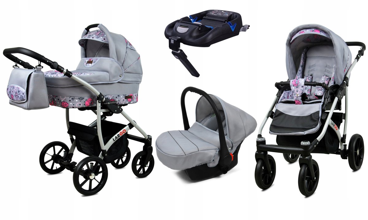 BabyLux® Kinderwagen 4in1 – LARGO - PINK OWL SILVER FRAME - Opklapbare Wandelwagen incl. Reiswieg, Multifunctionele Buggy Sportstoel, Autostoel, ISOFIX basisstation - Combi-kinderwagen met Luiertas, Regenhoes, Klamboe
