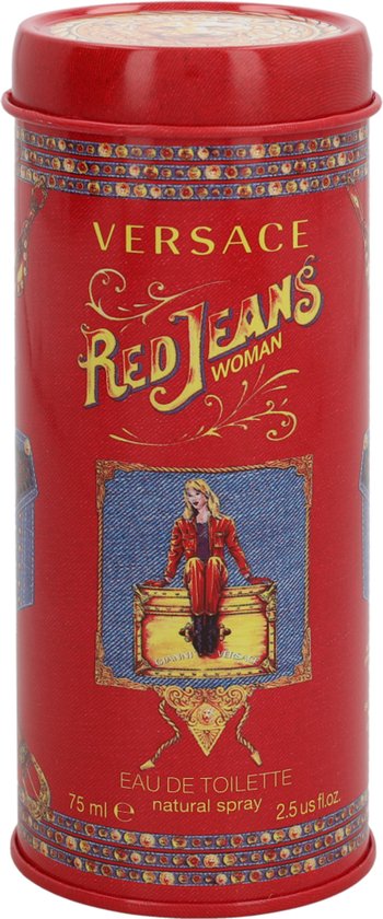 Rechthoekige rode metalen verpakking voor Versace Red Jeans Woman eau de toilette.