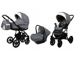 BabyLux® Kinderwagen 3in1 – LUMIO - FLAXEN BLACK FRAME - Opklapbare Wandelwagen incl. Reiswieg, Multifunctionele Buggy Sportstoel, Autostoel - Combi-kinderwagen met Luiertas, Regenhoes, Klamboe, Bekerhouder, etc.